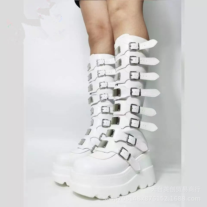 Women's platform knee-high gothic biker boots with multiple buckles and metal plates Mune Fashion