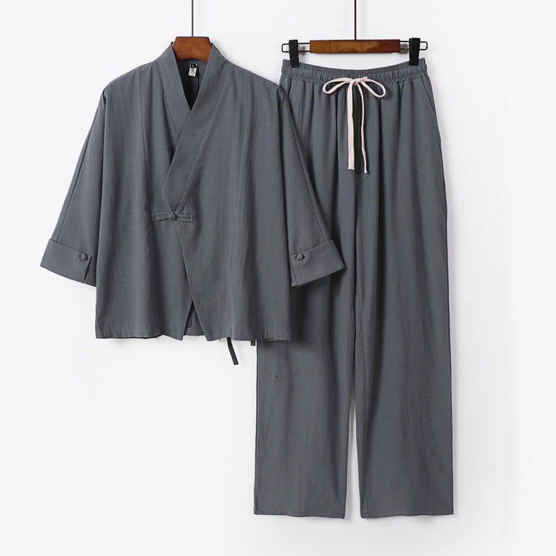 Unisex Lightweight Zen Lounge Set in Kimono Style with Dropped Shoulder Concealed Knot Placket and Elastic Drawstring Pants Mune Fashion