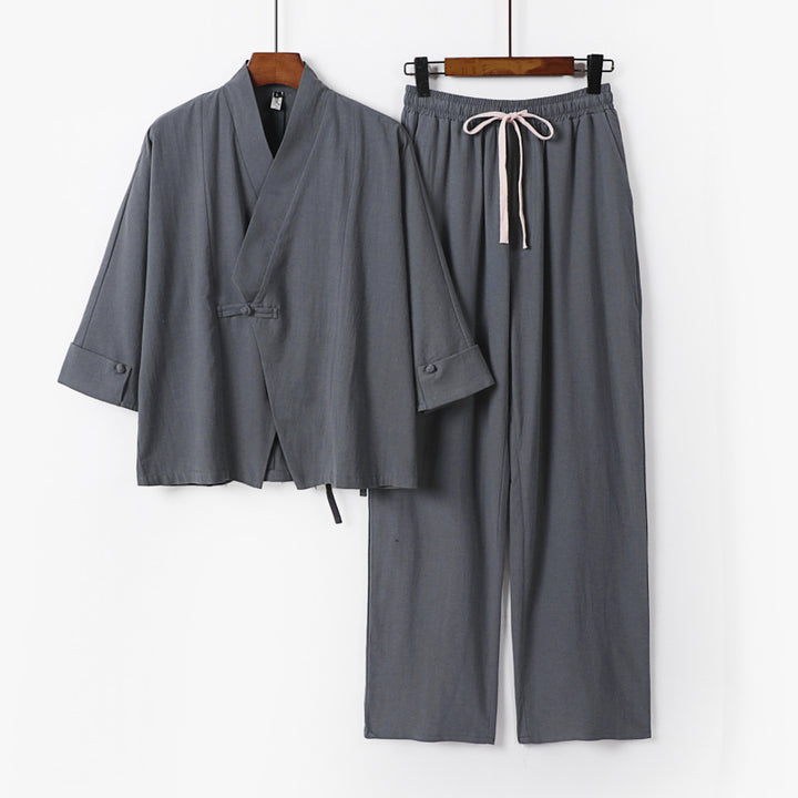Unisex Lightweight Zen Lounge Set in Kimono Style with Dropped Shoulder Concealed Knot Placket and Elastic Drawstring Pants Mune Fashion