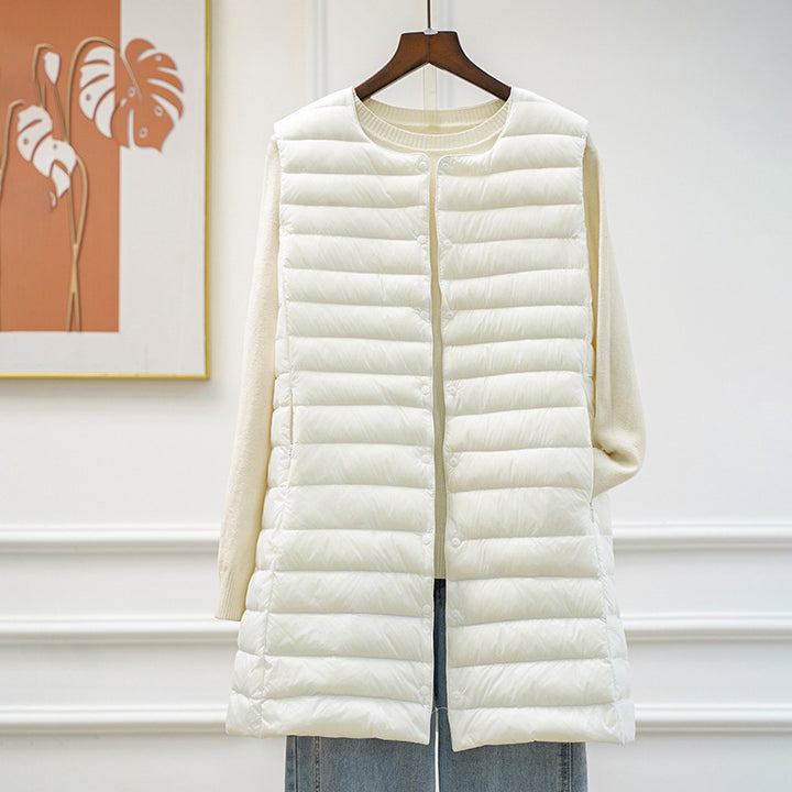 Women's long ultra-lightweight quilted vest with round neckline and snap button closure Mune Fashion