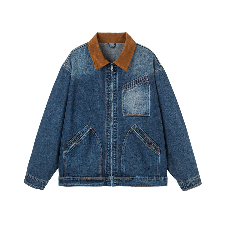 Women's Oversized Denim Jacket with Suede Collar, Concealed Zipper and Distinctive Pockets Mune Fashion