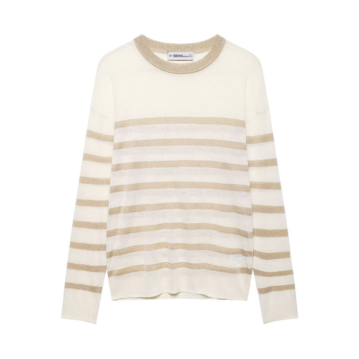 Women’s lightweight striped fine knit sweater with metallic stripes and round neck Mune Fashion