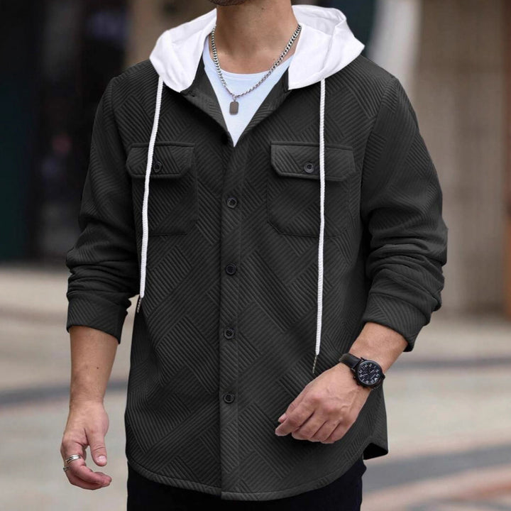 Men's structured overshirt jacket with quilted diagonal structure, contrast hood, and patch chest flaps Mune Fashion