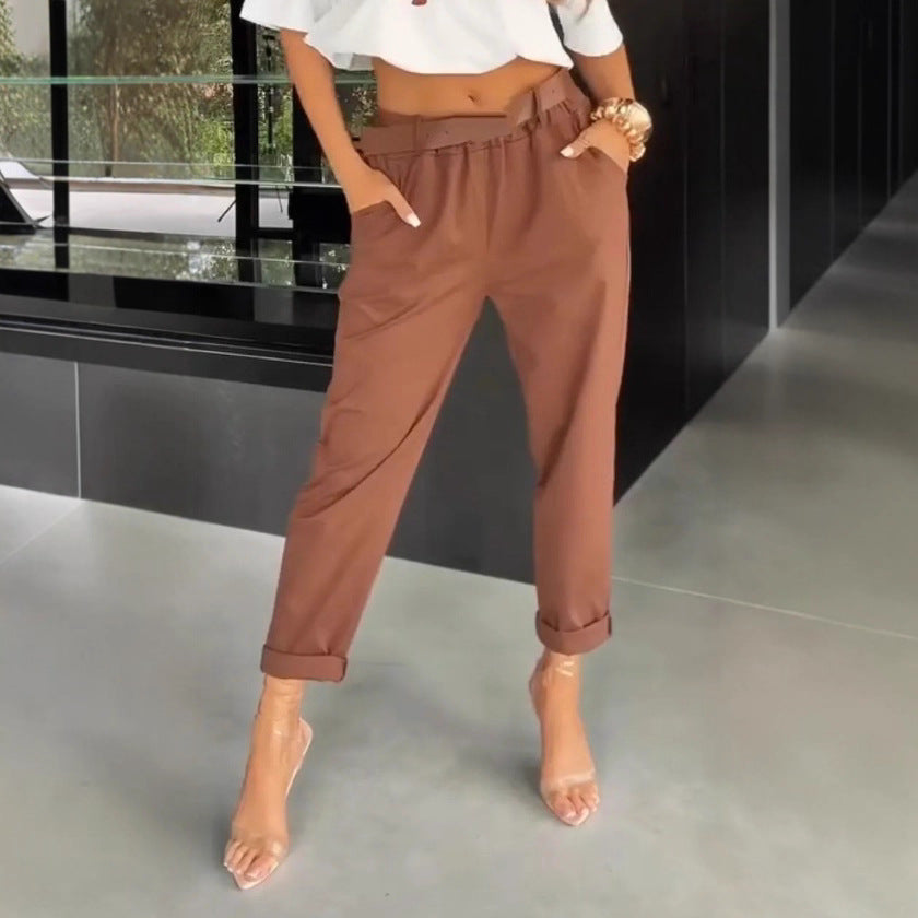 Women's high-waisted paperbag pants with gathered waistband, side pockets, and rolled hem Mune Fashion