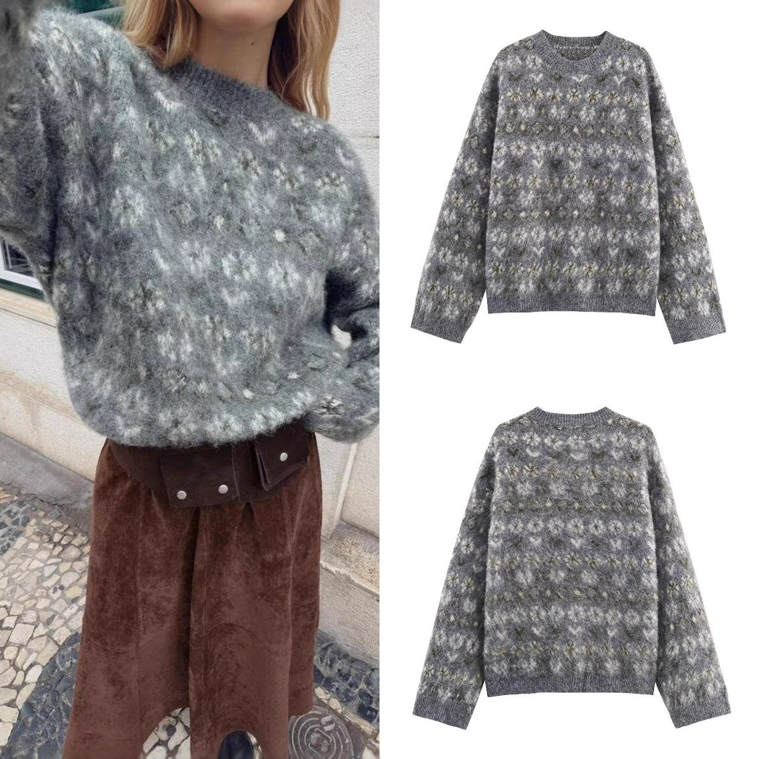 Women Oversize Jacquard Sweater made of soft Mohair mix with round neck Mune Fashion