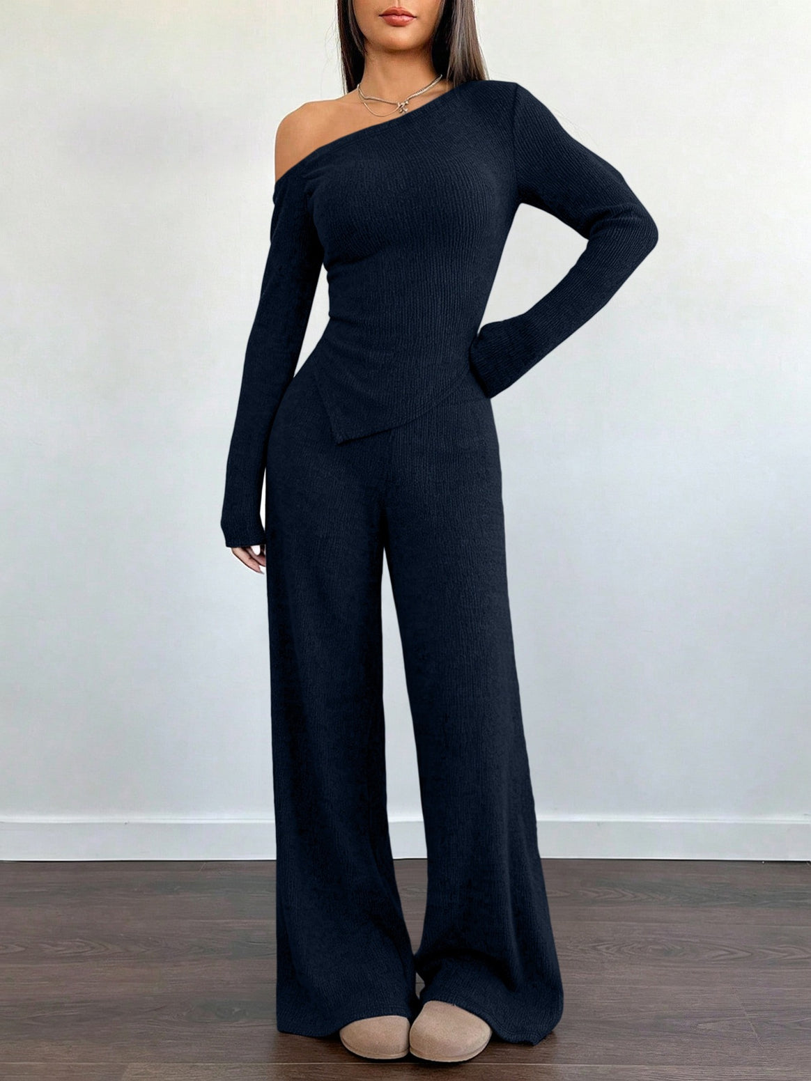 Women's Asymmetrical Knit Lounge Set with One-Shoulder Top and Wide Leg Mune Fashion