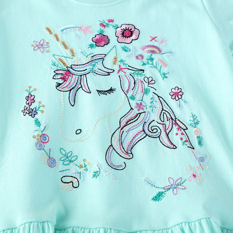Girls Short Sleeve Casual Dress with Charming Unicorn Design Mune Fashion