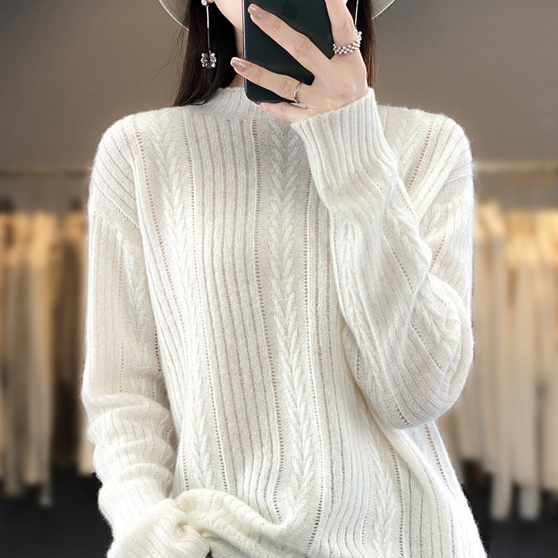 Women Cashmere-like Fine Knit Mock Neck Sweater with Lace Cable Pattern and Casual Oversized Fit Mune Fashion
