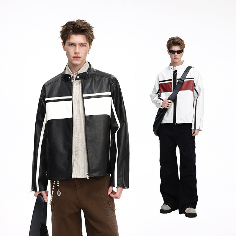 Herren Kunstleder-Bomberjacke mit Stehkragen, farbblockierten Einsätzen und Kontraststreifen Mune Fashion