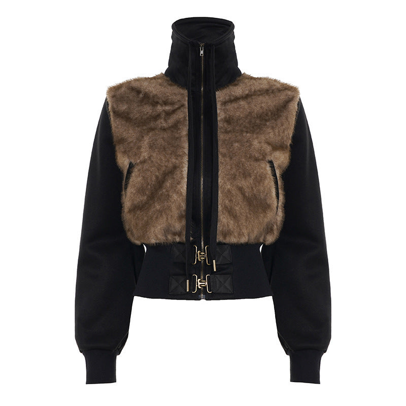Women's short jacket with faux fur front, high standing collar and tailored ribbed waistband Mune Fashion