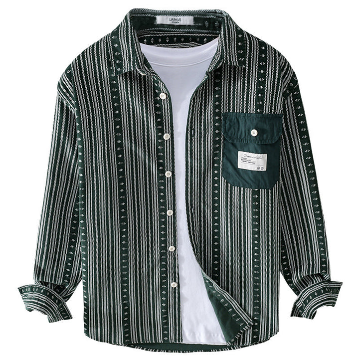 Men's Loose Ethno Stripe Shirt in Cotton Blend with Contrasting Breast Pocket Mune Fashion