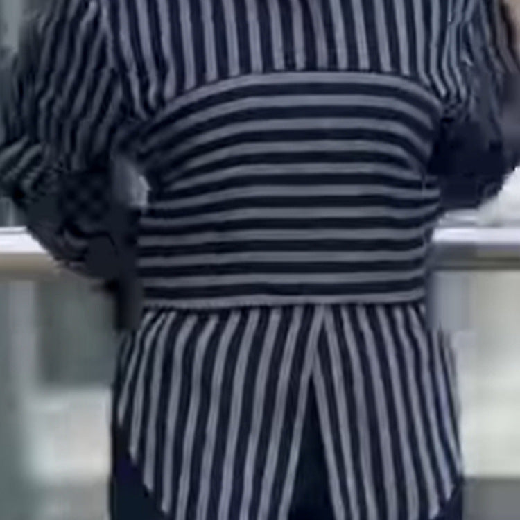 Women Striped Shirt Blouse with Waist Belt, Longer Hem and Side Slit Mune Fashion