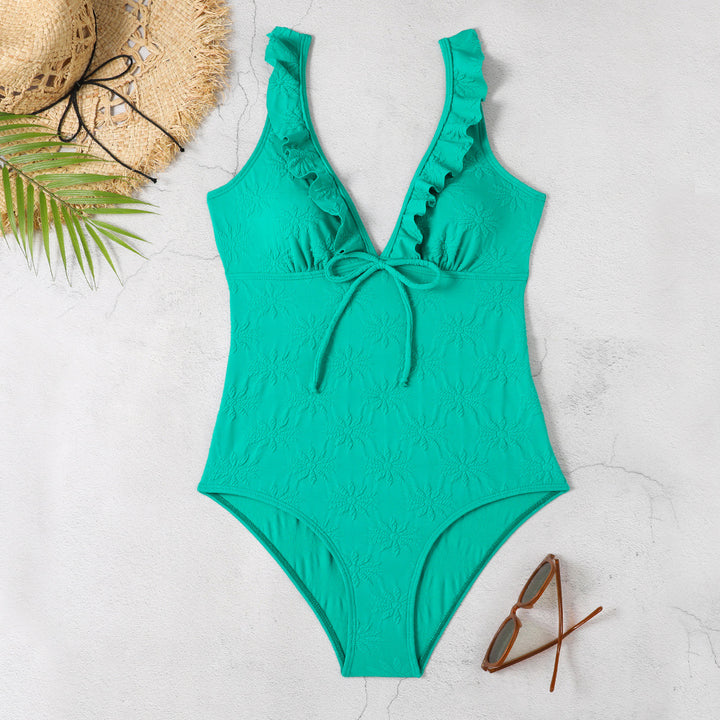 Women One-Piece Swimsuit with Playful Ruffle Details and Elegant Tie Band Mune Fashion