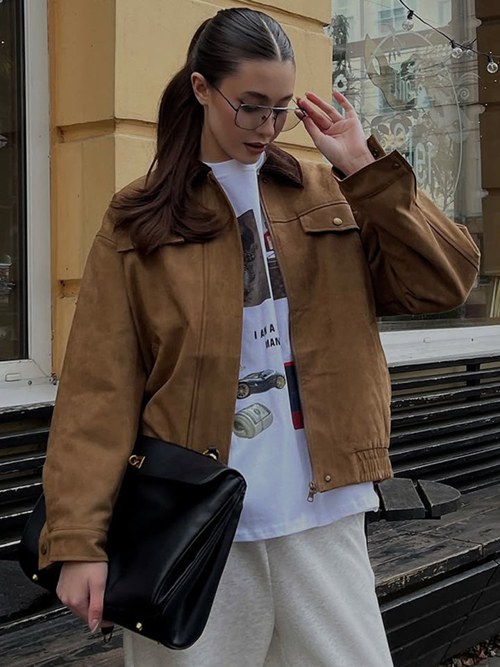 Women's Boxy Suede Blouson Jacket with Cord Collar and Teddy Lining Mune Fashion
