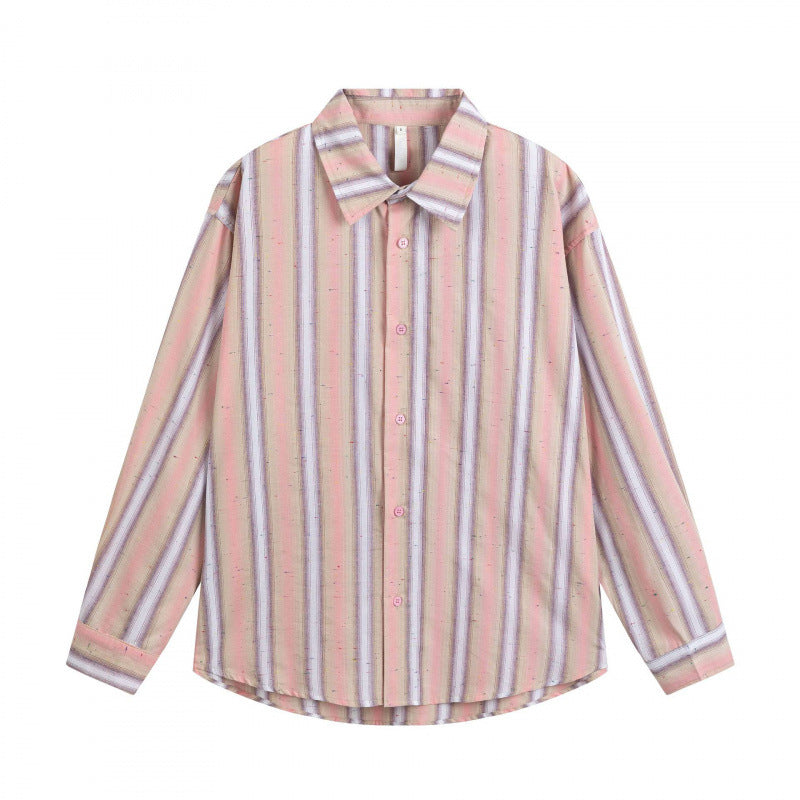Men's Loose-Fitting Cotton Shirt with Vertical Stripes and Rounded Hem Mune Fashion