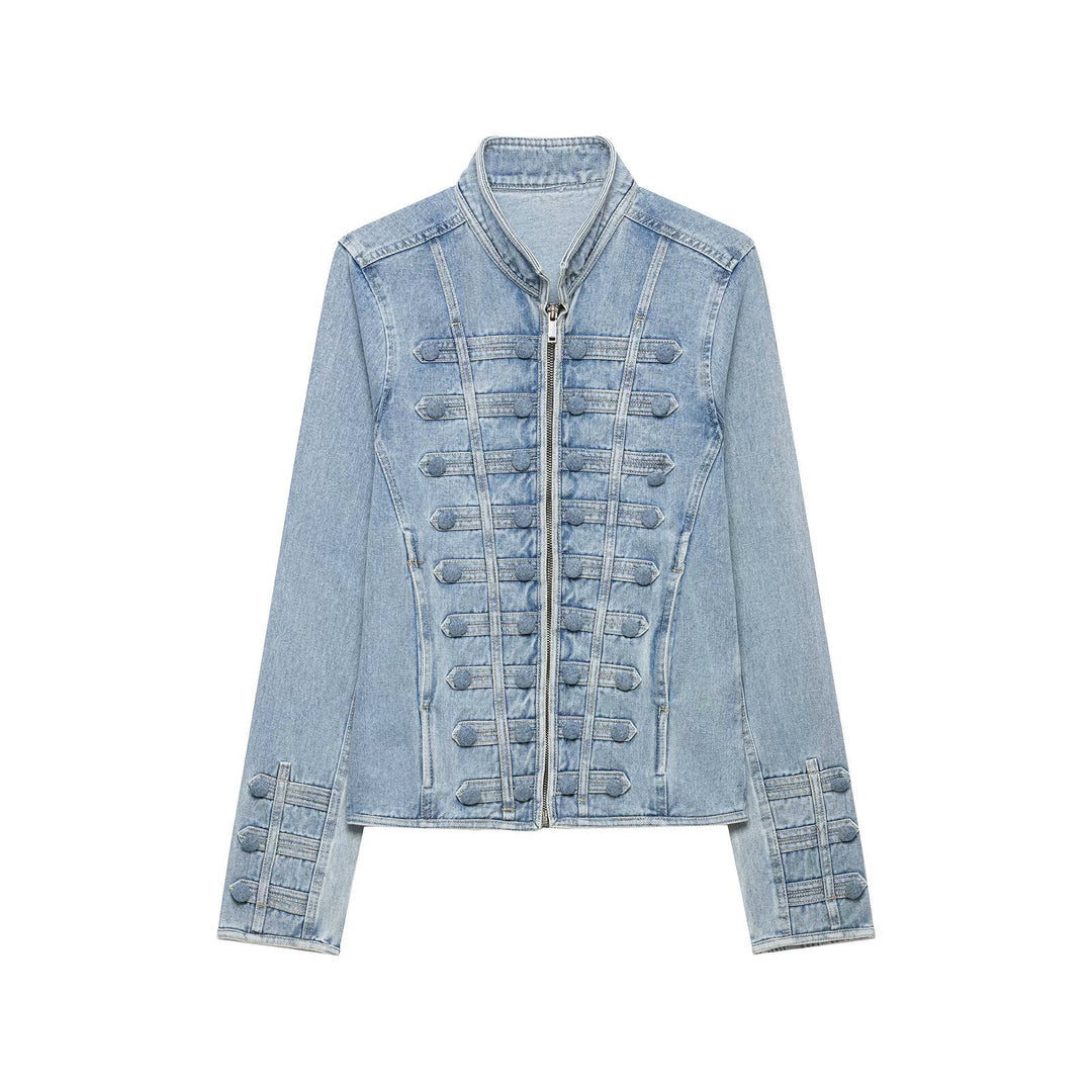Women Tailored Denim Jacket with Military Galon Details and Stand Collar Mune Fashion
