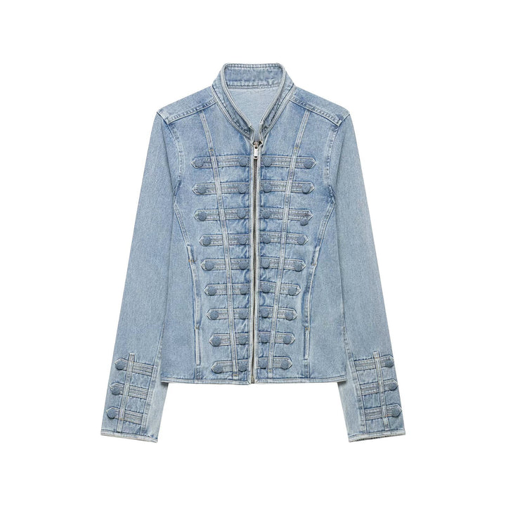 Women Tailored Denim Jacket with Military Galon Details and Stand Collar Mune Fashion
