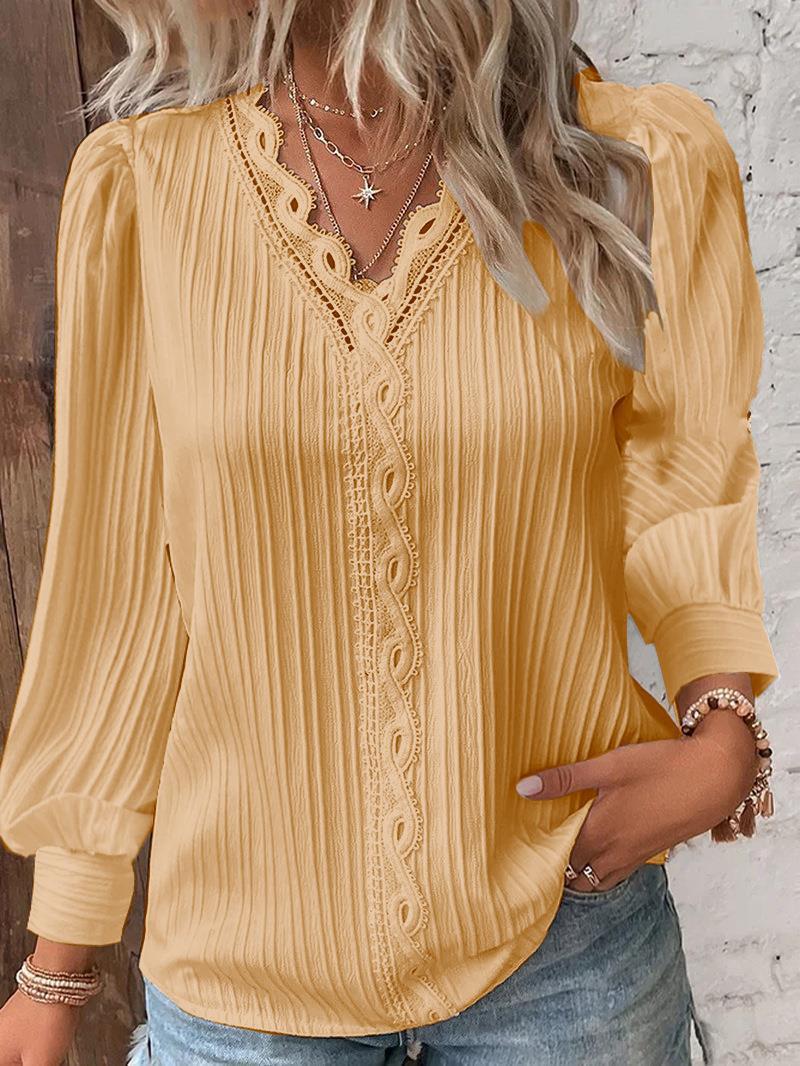 Women's romantic V-neck lace blouse with pleats and puff sleeves Mune Fashion