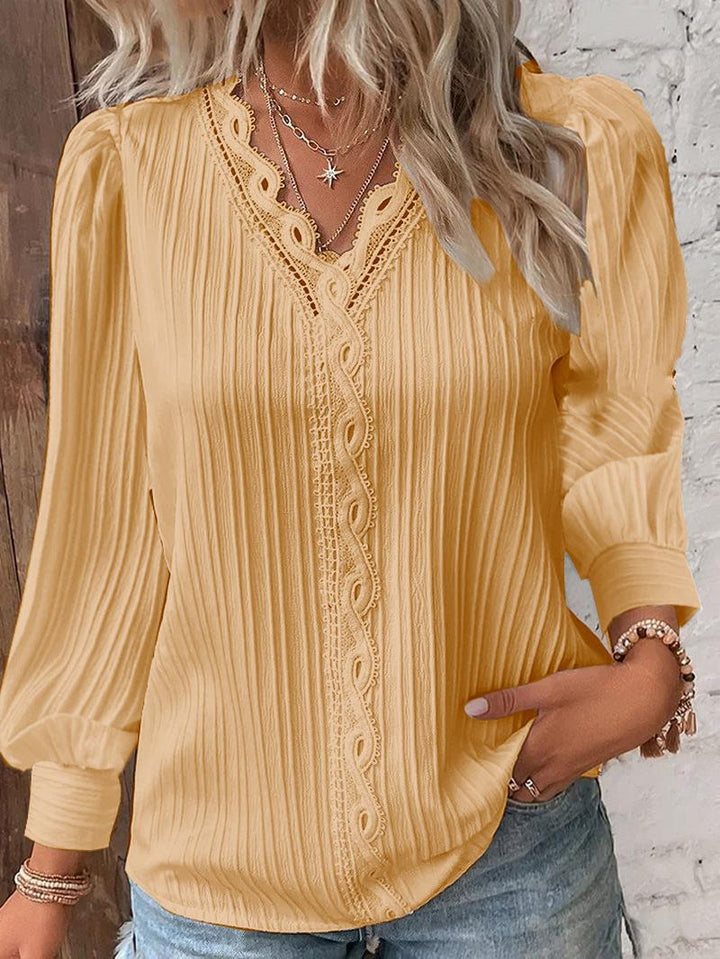 Women's romantic V-neck lace blouse with pleats and puff sleeves Mune Fashion
