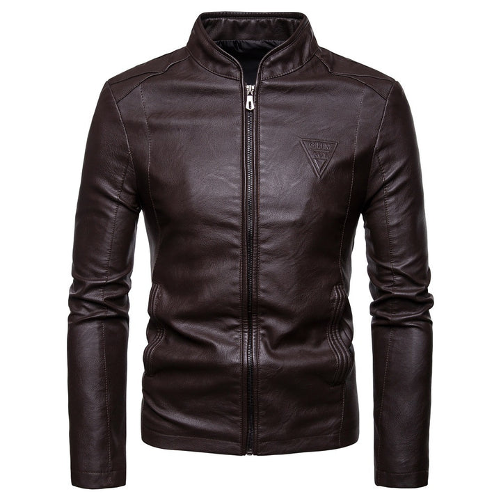 Men's narrow cut lamb leather biker jacket with stand-up collar and tonal decorative stitching Mune Fashion