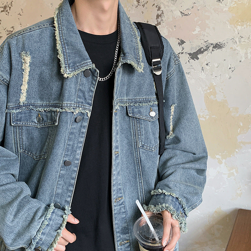 Men's Oversize Denim Jacket with Used Look, Frayed Edges and Snap Buttons Mune Fashion