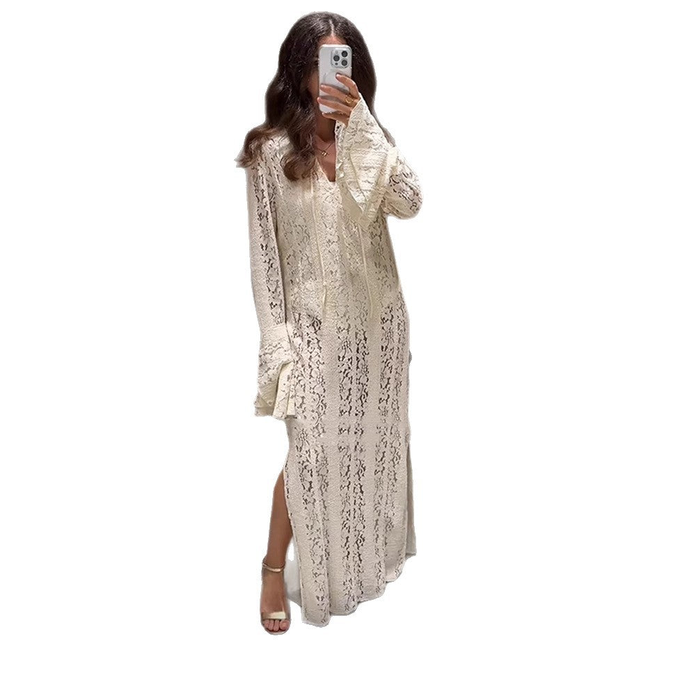 Women's Lace Maxi Dress with V-Neck, Bell Sleeves, and Side Slit Mune Fashion
