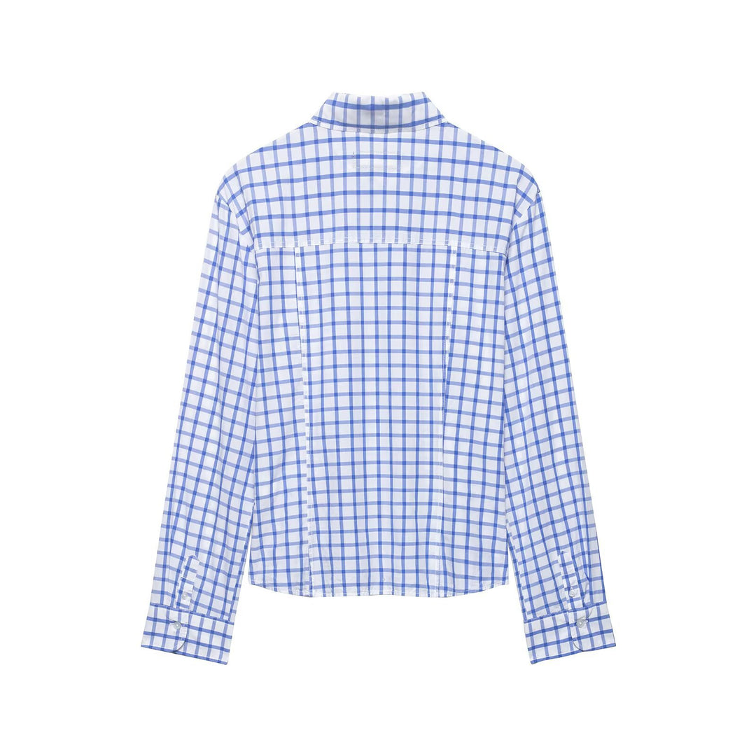 Women's tailored checkered shirt blouse made of cotton blend with Kent collar Mune Fashion