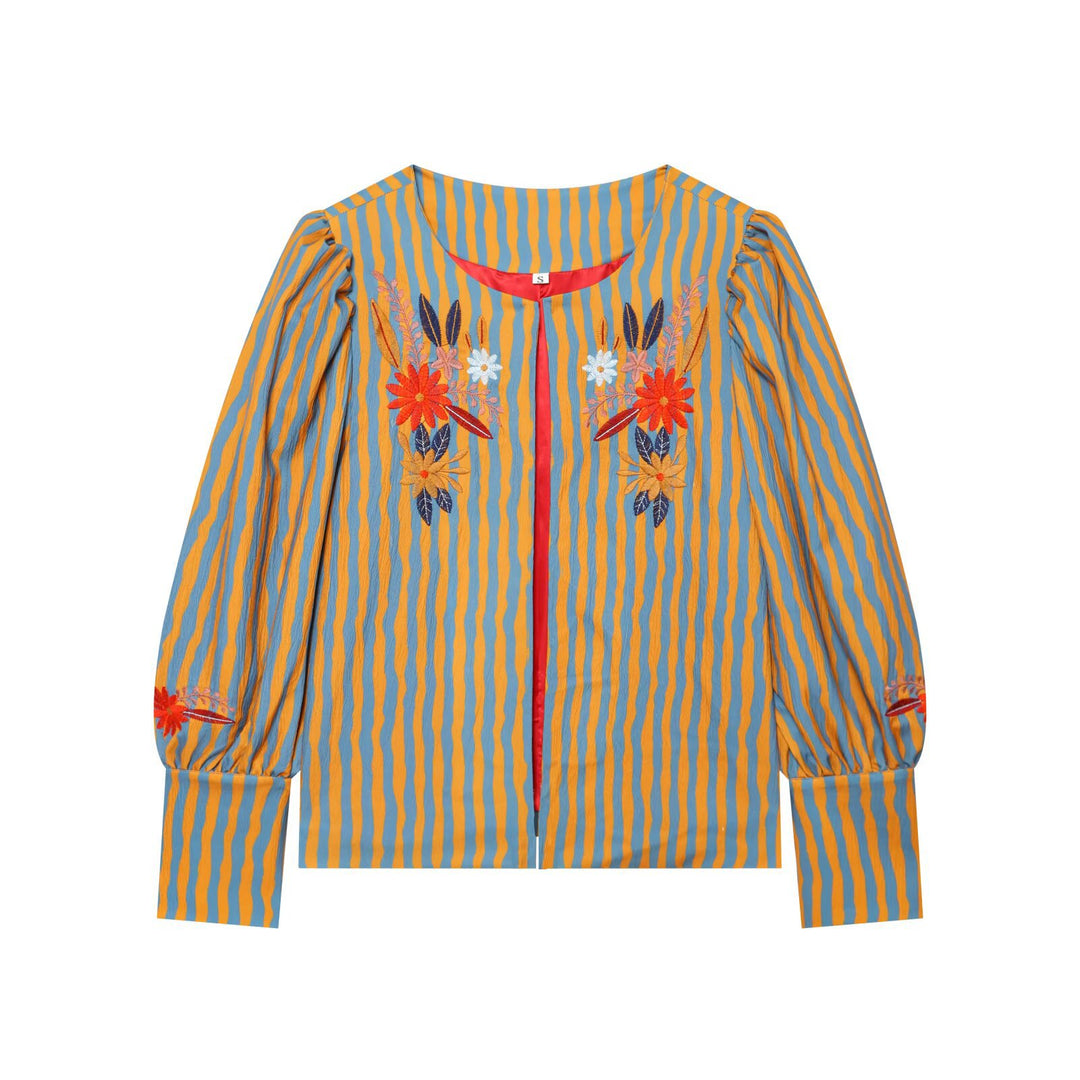 Women's Striped Blouse Jacket with Floral Embroidery and Balloon Sleeves Drune