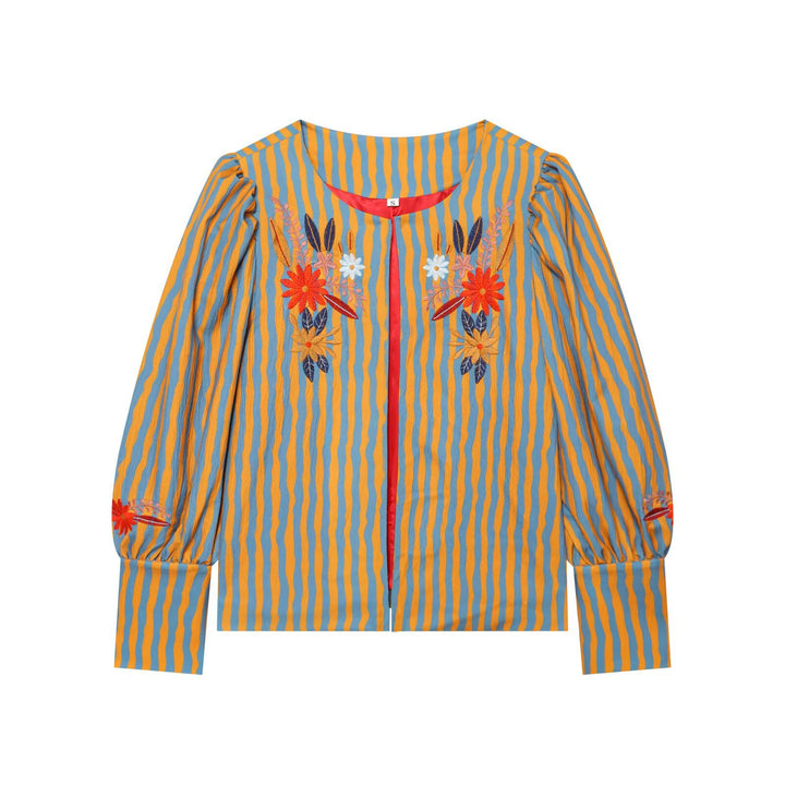 Women's Striped Blouse Jacket with Floral Embroidery and Balloon Sleeves Drune