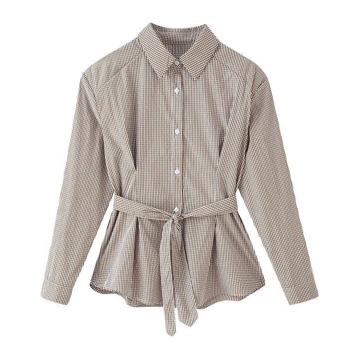Women Tailored Shirt Dress with Check Pattern and Tied Belt Mune Fashion