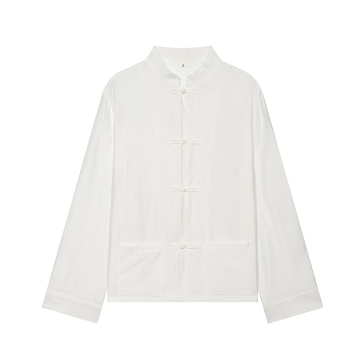 Women's Asian-inspired transitional jacket with stand-up collar, knot closures, and patch pockets Mune Fashion