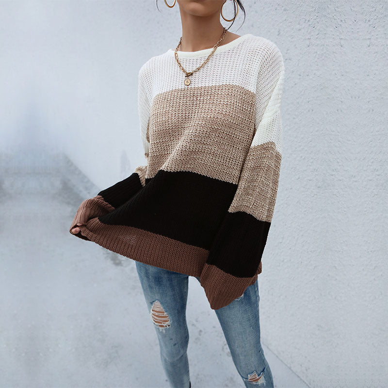 Women's Casual Color Block Knit Sweater with Open Stitch Structure and Round Neckline Mune Fashion