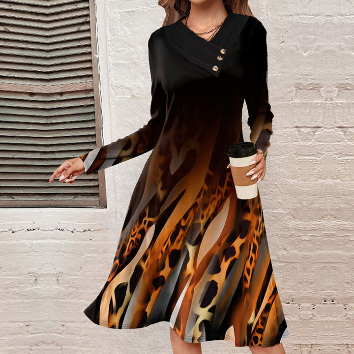 Women A-line midi dress with animal print, asymmetrical V-neck and decorative button placket Mune Fashion