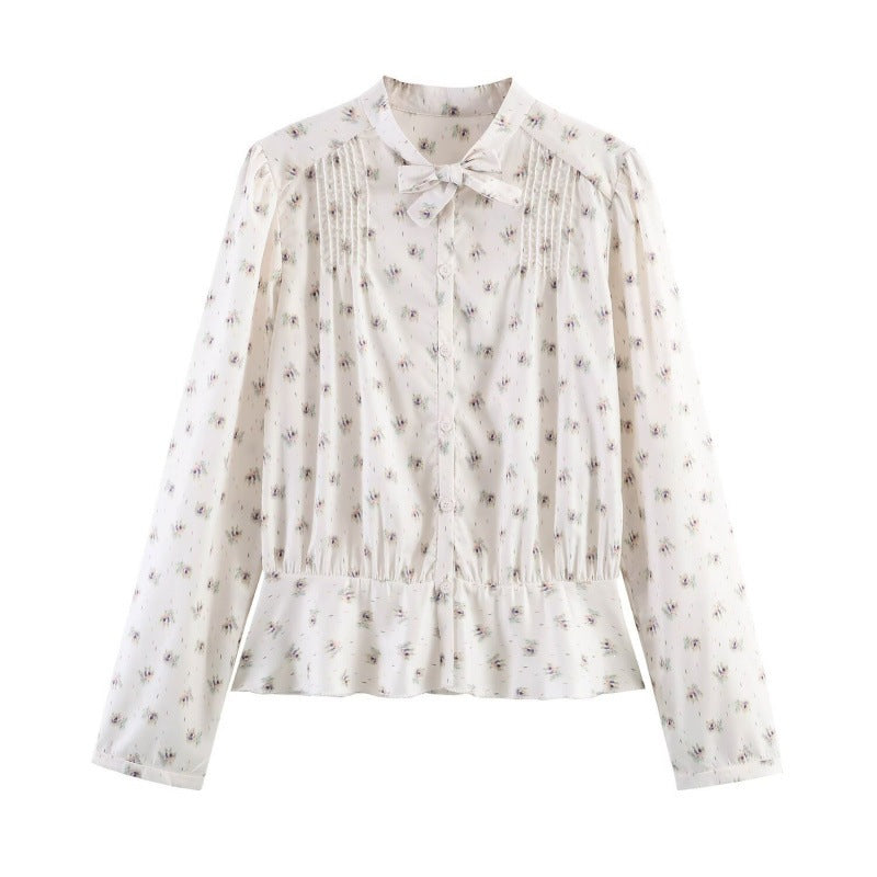 Women's Lightweight Viscose Blouse with Stand Collar, Ribbon Tie and Chest Pleats Mune Fashion