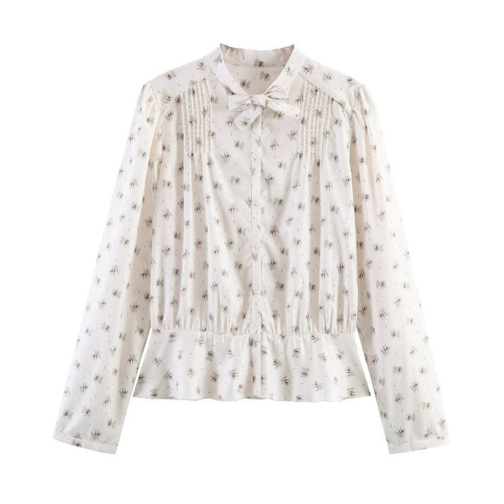 Women's Lightweight Viscose Blouse with Stand Collar, Ribbon Tie and Chest Pleats Mune Fashion