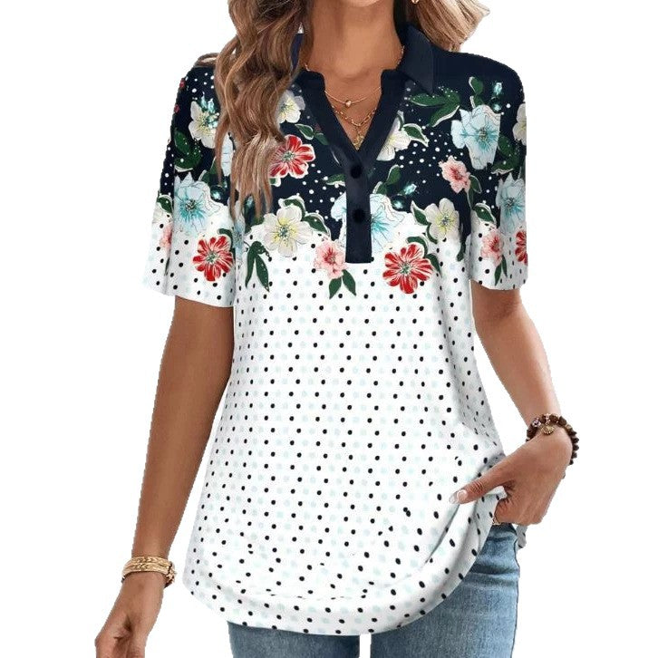 Women's Short Sleeve Polo Collar Tunic with Floral Yoke and Allover Polka Dot Print Mune Fashion