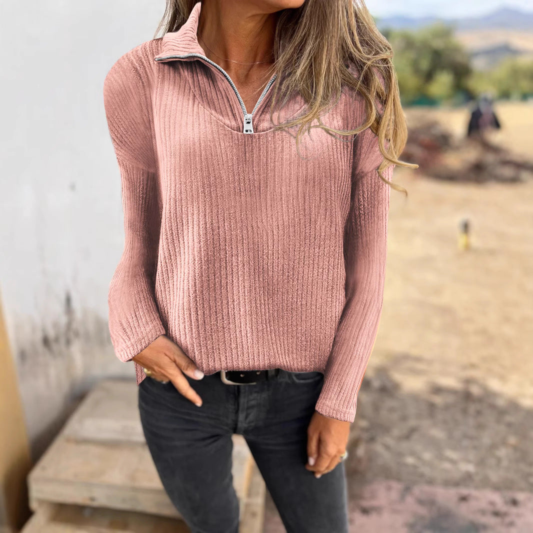 Women Ribbed Knit Sweater with Half Zip and Stand-Up Collar Mune Fashion