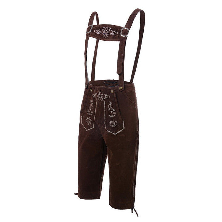 Men's traditional suede leather pants with embroidered suspenders and knee-length cuffs Mune Fashion