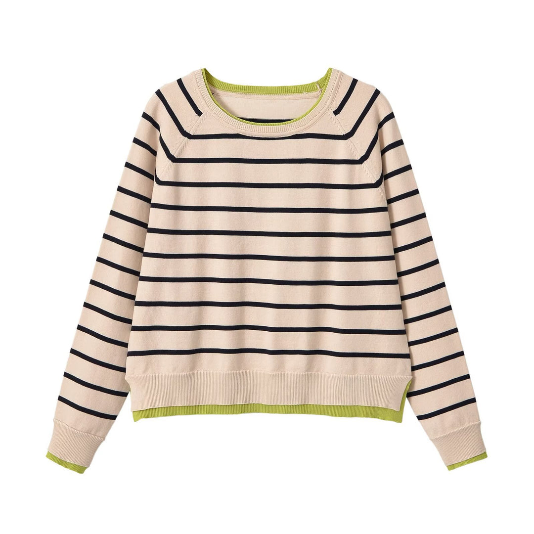 Women fine knit sweater with layer look, round neck and raglan sleeves Mune Fashion