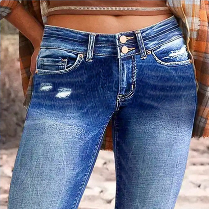 Women's high-waisted Slim-Cropped Jeans with raw hem, Used-Wash and elastic comfort waistband Mune Fashion