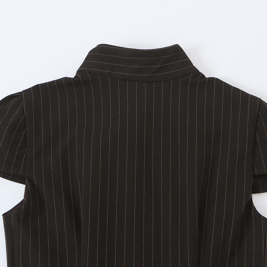 Women Tailored Short Sleeve Waistcoat with Pinstripes and Double Button Placket Mune Fashion