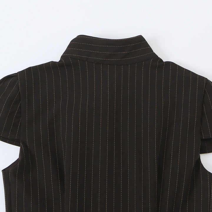 Women Tailored Short Sleeve Waistcoat with Pinstripes and Double Button Placket Mune Fashion