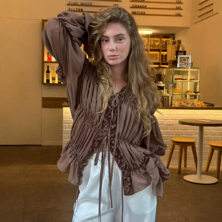 Women's chiffon blouse with ruffles, drawstring and gathered waist look Mune Fashion