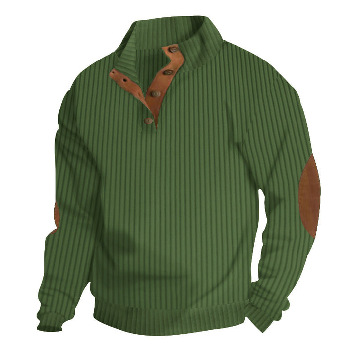 Men's chunky knit turtleneck with cable pattern, stand-up collar and leather elbow patches Mune Fashion
