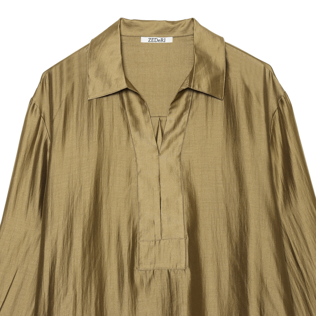 Women's Oversized Satin Blouse with Shirt Collar, Concealed Button Placket and Cuffs Mune Fashion