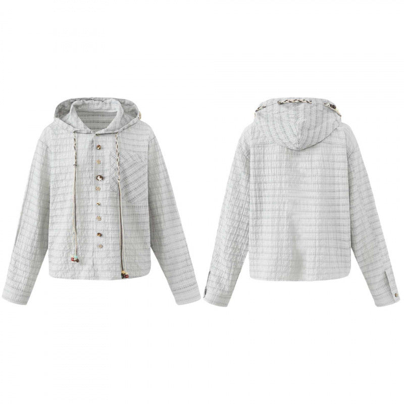 Women Lightweight Hooded Blouson Jacket made of textured cotton blend with button placket and decorative cord Mune Fashion