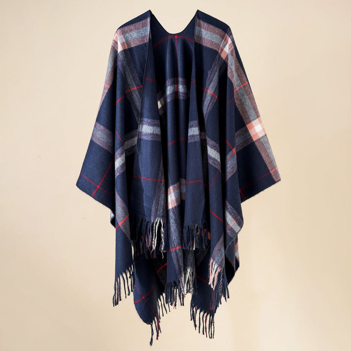 Women's Wool Blend Poncho with Check Pattern and Fringing Mune Fashion