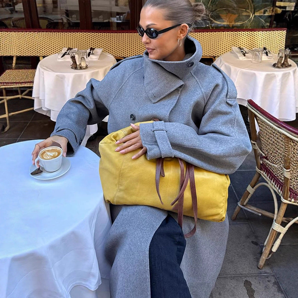 Ladies Oversize Coat made of Wool Mix with High Stand-Up Collar and Asymmetrical Button Placket Mune Fashion