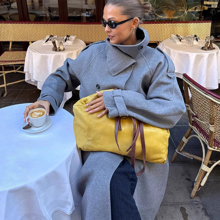 Ladies Oversize Coat made of Wool Mix with High Stand-Up Collar and Asymmetrical Button Placket Mune Fashion