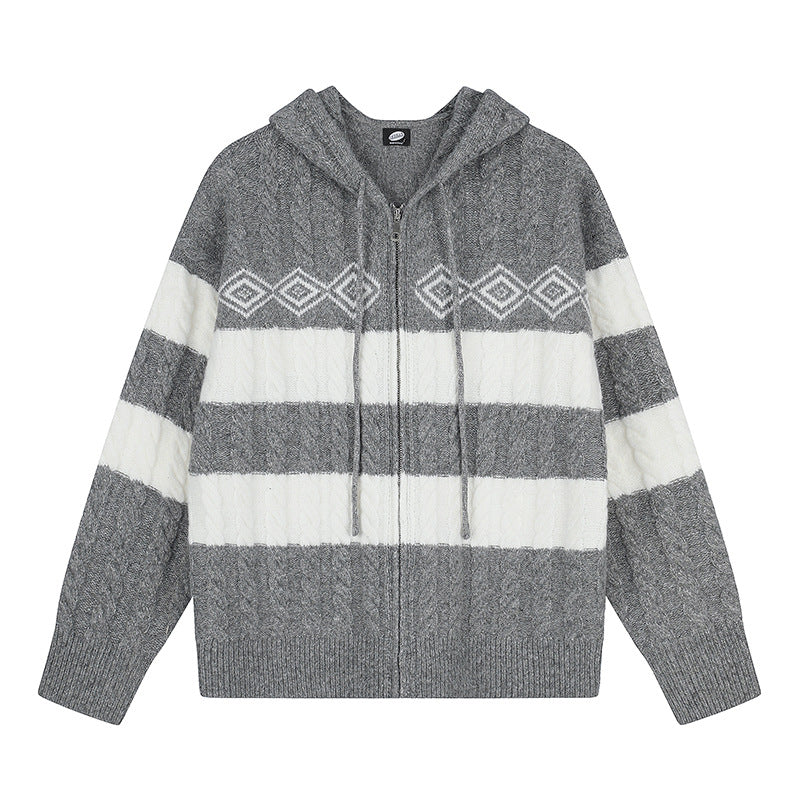 Women's chunky knit hooded cardigan with cable knit, block stripes, and full-length zipper Mune Fashion
